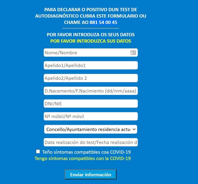 Formulario web de la Consellería de Sanidade para la autodeclaración de positivos por covid-19.