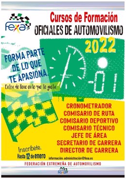 Cartel de cursos de formación para oficiales de automovilismo en Extremadura