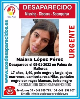 Imagen de la joven de 17 años desaparecida el 5 de enero en Palma.