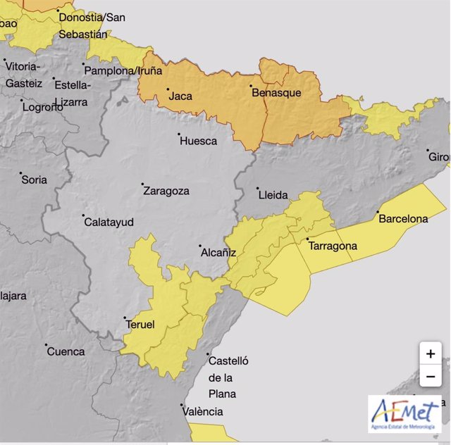 Aviso naranja por nevadas en el Pirineo y amarillo por lluvia y viento en varias zonas de Huesca y Teruel.
