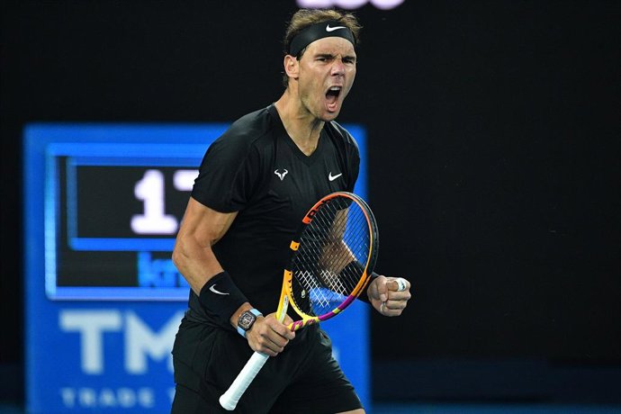 Rafael Nadal of Spain reacts during their mens final match against Maxime Cressy of the U.S on Day 7 of the Melbourne Summer Set tennis tournament at Melbourne Park in Melbourne, Sunday, January 9, 2022. (AAP Image/James Ross) NO ARCHIVING