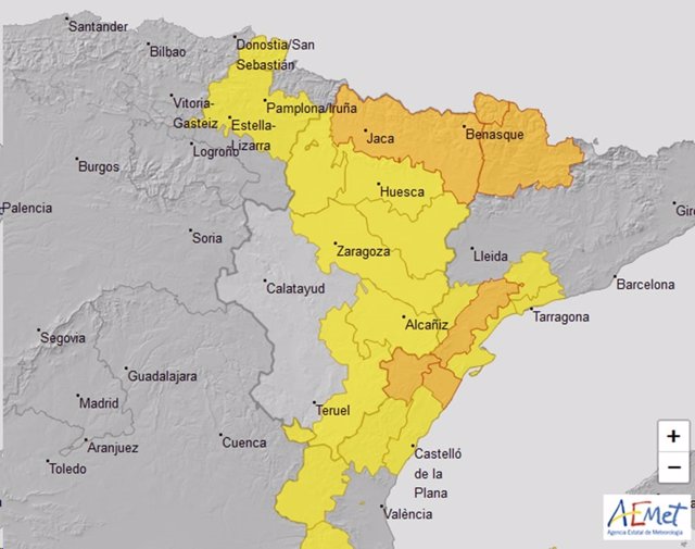 Avisos amarillos y naranjas por vientos, lluvias y aludes en varias zonas de Aragón.