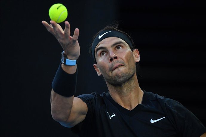 Rafael Nadal of Spain serves during their mens final match against Maxime Cressy of the U.S on Day 7 of the Melbourne Summer Set tennis tournament at Melbourne Park in Melbourne, Sunday, January 9, 2022. (AAP Image/James Ross) NO ARCHIVING