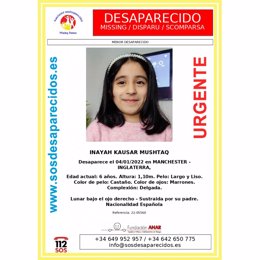 La niña Inayah Kausar desaparecida en Manchester el 4 de enero