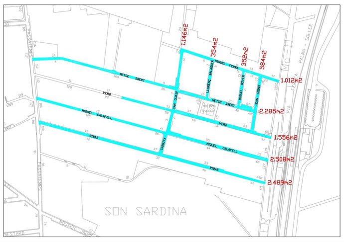 Mapa de las calles del barrio de Son Sardina donde se actuará.