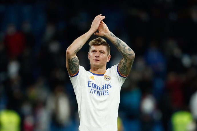 Toni Kroos of Real Madrid celebrates the victory during the Spanish League, La Liga Santander, football match played between Real Madrid and Valencia CF at Santiago Bernabeu stadium on January 08, 2022, in Madrid, Spain.