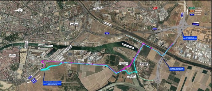Así queda el tráfico en la zona del Puerto de Sevilla como consecuencia de las obras de sustitución de los tirantes del Puente del Centenario.
