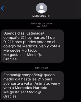 WhatsApp pidiendo el voto para la Mercedes Hurtados al frente el ICOMV