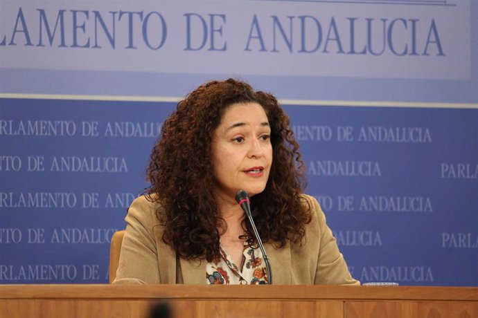 La portavoz parlamentaria de Unidas Podemos por Andalucía, Inmaculada Nieto, en rueda de prensa en el Parlamento.
