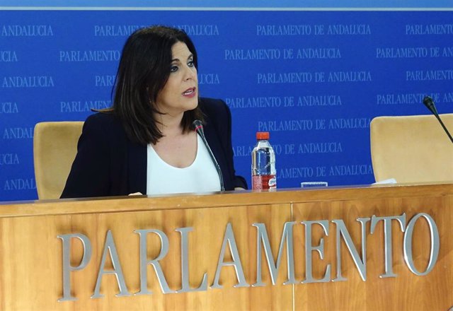 La portavoz parlamentaria del PSOE-A, Ángeles Férriz, en rueda de prensa en el Parlamento.