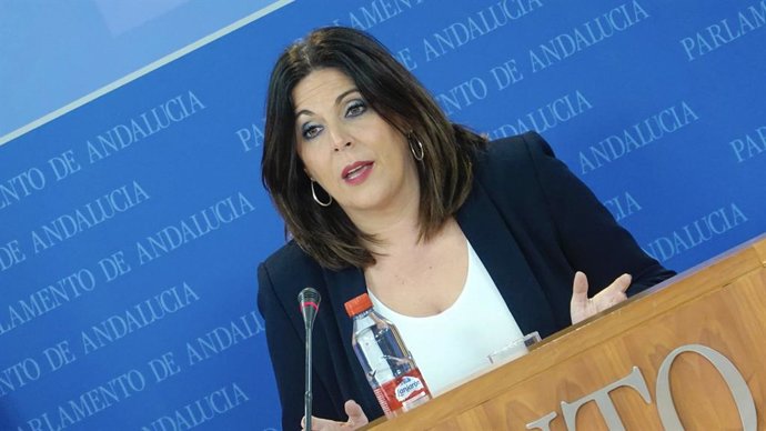 La portavoz del Grupo Socialista en el Parlamento andaluz, Ángeles Férriz, en rueda de prensa en el Parlamento.