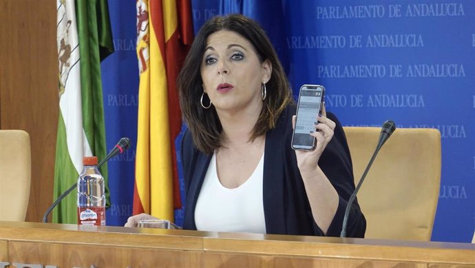 La portavoz socialista en el Parlamento andaluz, Ángeles Férriz, en rueda de prensa.