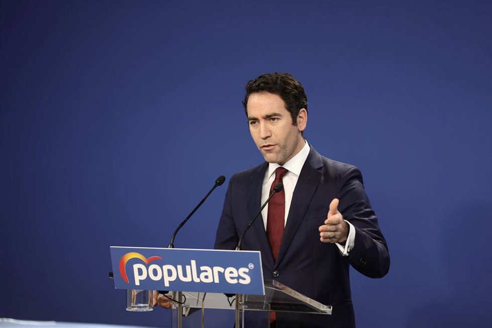 El secretario general del PP, Teodoro García Egea, en una rueda de prensa tras la reunión del Comité de Dirección del PP, en la sede del PP, a 12 de enero de 2022, en Madrid (España). Durante la rueda de prensa, García Egea ha reclamado al Gobierno que 