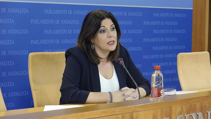 La portavoz parlamentaria del PSOE-A, Ángeles Férriz, en rueda de prensa en el Parlamento.