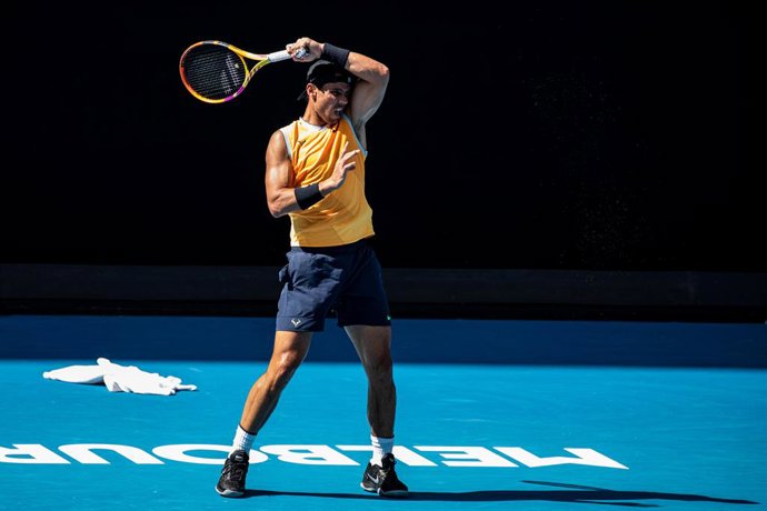 Rafael Nadal of Spain is seen in action during a practice session ahead of the Australian Open, at Melbourne Park, in Melbourne, Thursday, January 13, 2022. (AAP Image/Diego Fedele) NO ARCHIVING
