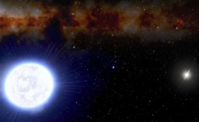 Impresión artística de un sistema binario en evolución de una enana blanca (primer plano) y un púlsar de milisegundos (fondo).