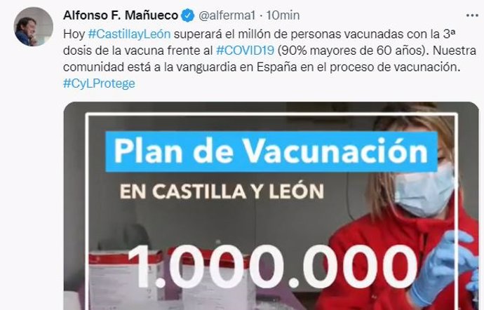 Tuit de Alfonso Fernández Mañueco sobre la vacunación con terceras dosis en Castilla y León.