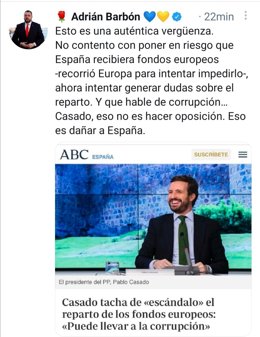 Captura del Twitter de Adrián Barbón.