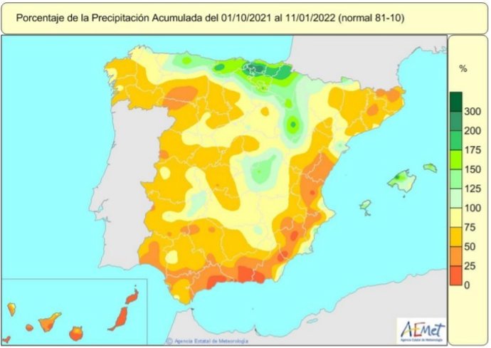 Gran parte de la Península y las islas Canarias tienen déficit de precipitaciones, a fecha de 11 de enero de 2022, en este año hidrológico que comenzó el 1 de octubre de 2021.