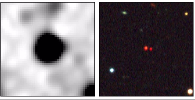 Imágenes de WISE (izquierda) y Dark Energy Survey Collaboration (DES) (derecha) de CWISE J0146-0508AB.