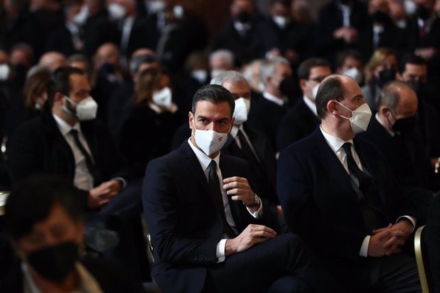 El presidente del Gobierno, Pedro Sánchez, asiste al funeral de Estado del presidente del Parlamento Europeo, David Sassoli, el 14 de enro de 2021, en Roma (Italia).