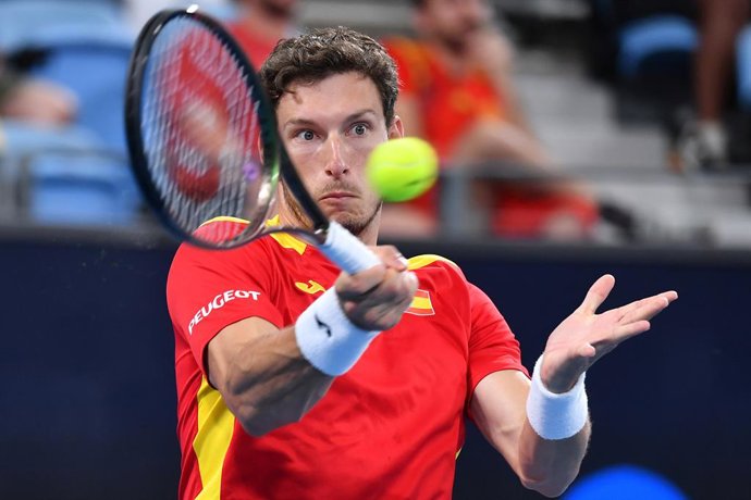 Pablo Carreno Busta of Spain in action during the ATP Cup Final against Denis Shapovalov of Canada on Day 9 of the ATP Cup tennis tournament at Ken Rosewall Arena in Sydney, Sunday, January 9, 2022. (AAP Image/Dean Lewins) NO ARCHIVING, EDITORIAL USE ON