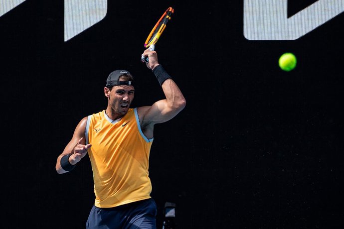 Rafael Nadal of Spain is seen in action during a practice session ahead of the Australian Open, at Melbourne Park, in Melbourne, Thursday, January 13, 2022. (AAP Image/Diego Fedele) NO ARCHIVING