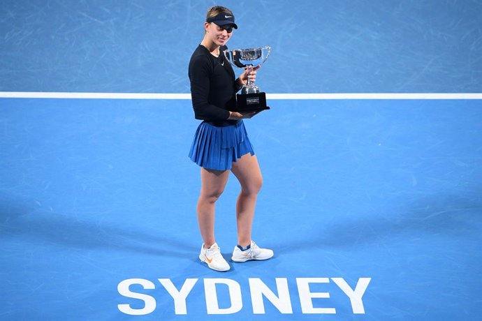 Paula Badosa of Spain poses with the trophy after winning the Womens Final against Barbora Krejcikova of the Czech Republic on Day 6 of the Sydney Tennis Classic at Sydney Olympic Park in Sydney, Saturday, January 15, 2022. (AAP Image/Dan Himbrechts) N