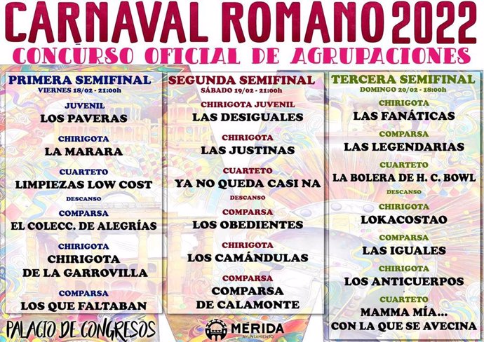 Oerden de actuación del Carnaval Romano de Mérida 2022.