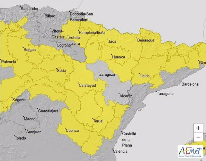 Huesca, Teruel y la Ibérica zaragozana, en alerta amarilla por temperaturas bajas este domingo.