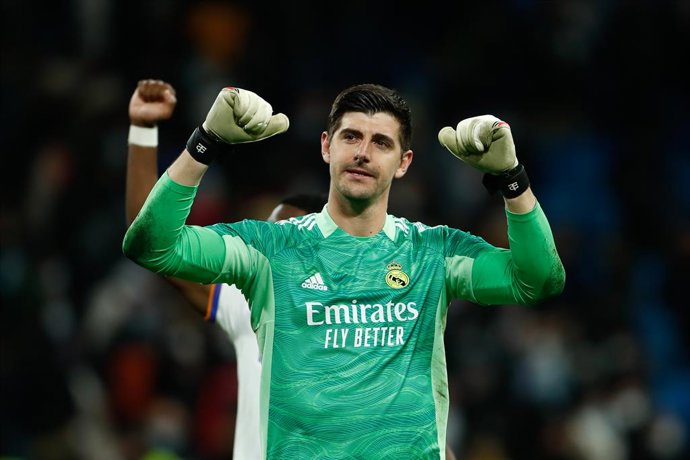 Thibaut Courtois of Real Madrid celebrates the victory during the Spanish League, La Liga Santander, football match played between Real Madrid and Valencia CF at Santiago Bernabeu stadium on January 08, 2022, in Madrid, Spain.