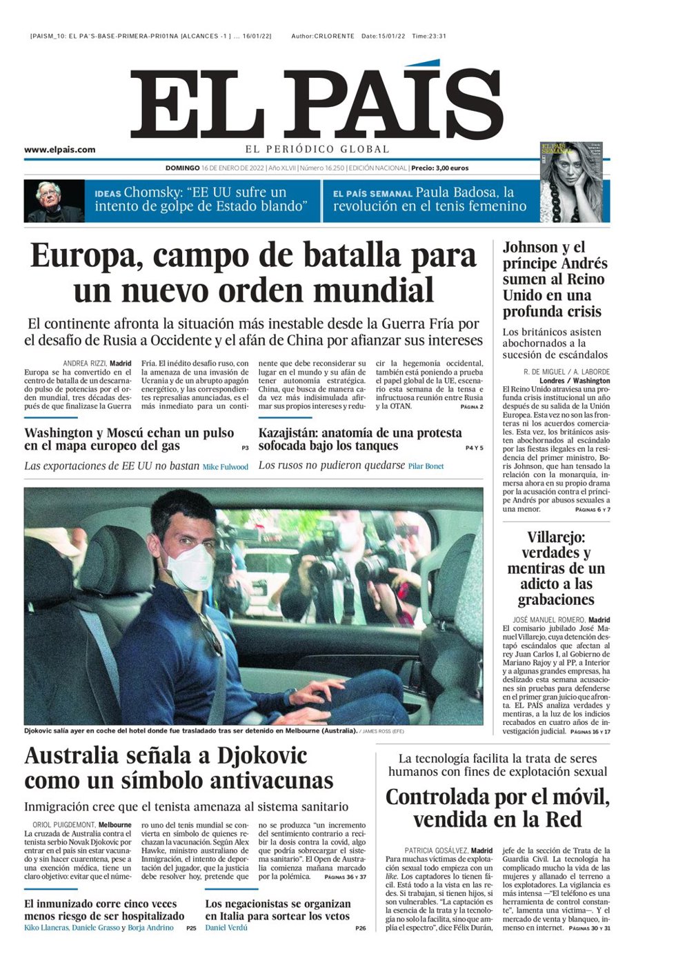 Portada El País, 16 de enero de 2022