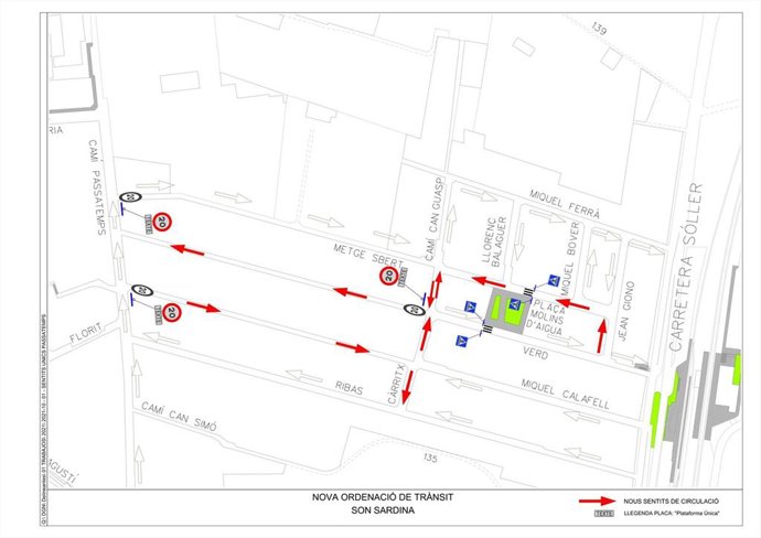 Mapa con las actuaciones de reordenación del tráfico que comienzan este lunes en Son Sardina.