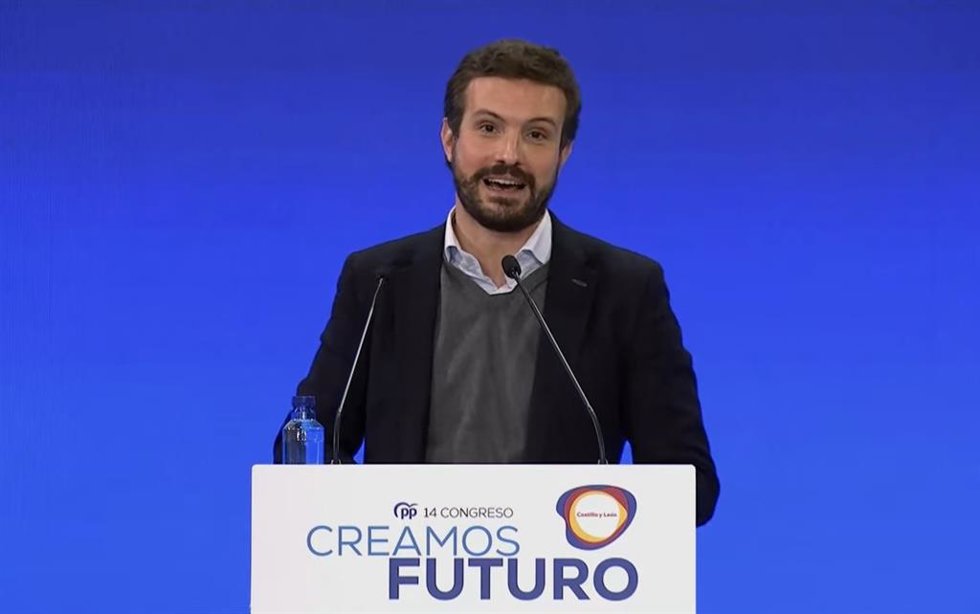El presidente del PP, Pablo Casado, este domingo en el XIV Congreso del PP de Castilla y León