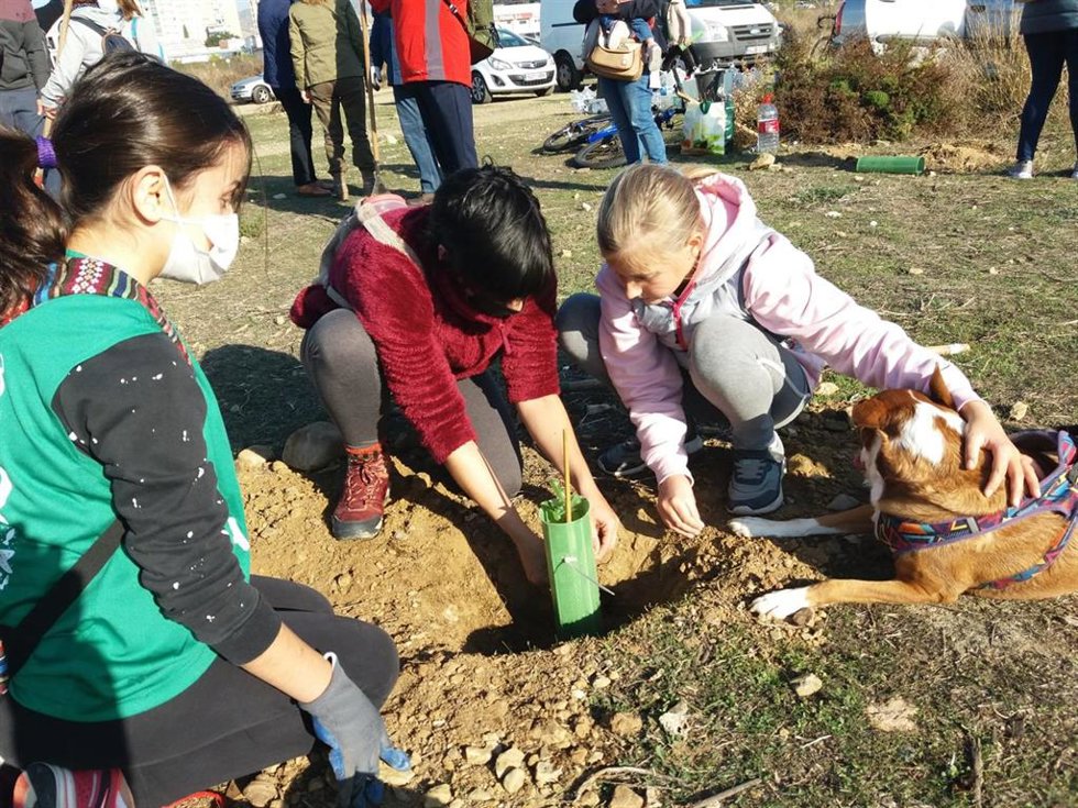Niños participan en la jornada de plantación organizada en los terrenos de la antigua Repsol
