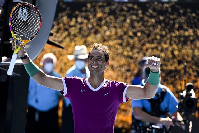 Rafael Nadal of Spain celebrates after winning his first Round Men's singles match against Marcos Giron of the United States on Day 1 of the Australian Open, at Melbourne Park, in Melbourne, Monday, January 17, 2022. (AAP Image/Dave Hunt) NO ARCHIVING