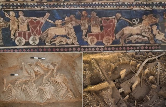 (Arriba) Detalle del “Panel de guerra” del “Estandarte de Ur”, expuesto en el Museo Británico,  (abajo, izquierda) Entierro de équidos de Umm el-Marra, Siria. (abajo, derecha) Recinto D con pilares en forma de T en Göbekli Tepe, Turquía