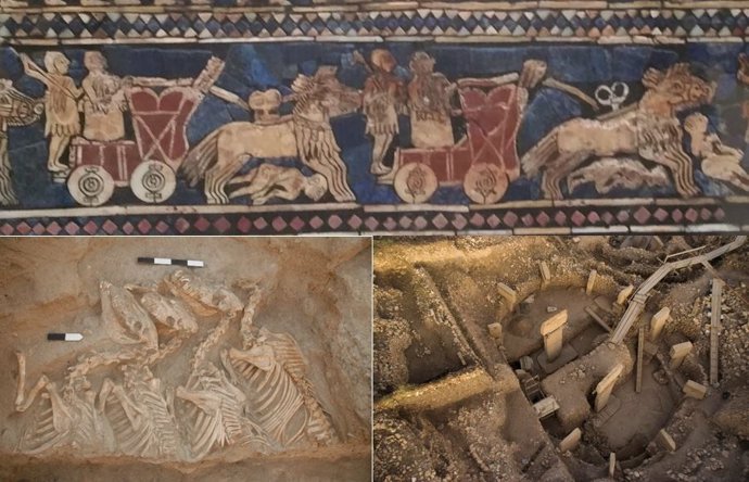 (Arriba) Detalle del Panel de guerra del Estandarte de Ur, expuesto en el Museo Británico,  (abajo, izquierda) Entierro de équidos de Umm el-Marra, Siria. (abajo, derecha) Recinto D con pilares en forma de T en Gbekli Tepe, Turquía