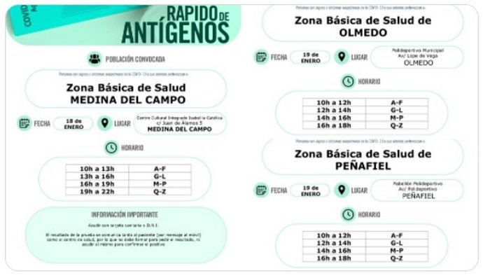 Carteles de convocatorias de test de antígenos en Olmedo y Peñafiel.