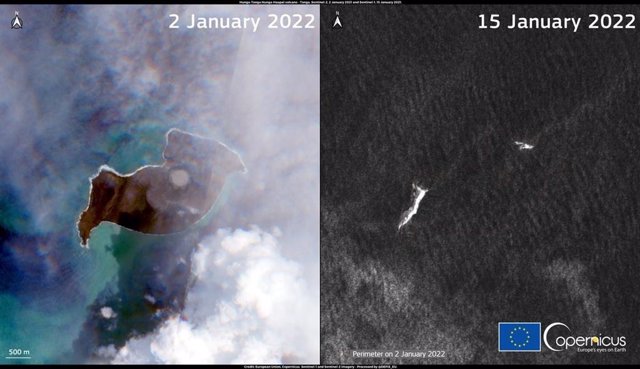Imagen satelital de la isla del volcán Hunga Tonga antes y después del 15 de enero