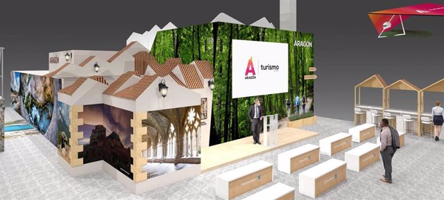 El stand de Aragón en FITUR 2022 simula una villa aragonesa, enmarcada en un paisaje de naturaleza e inspirada pueblos con encanto de la comunidad autónoma.
