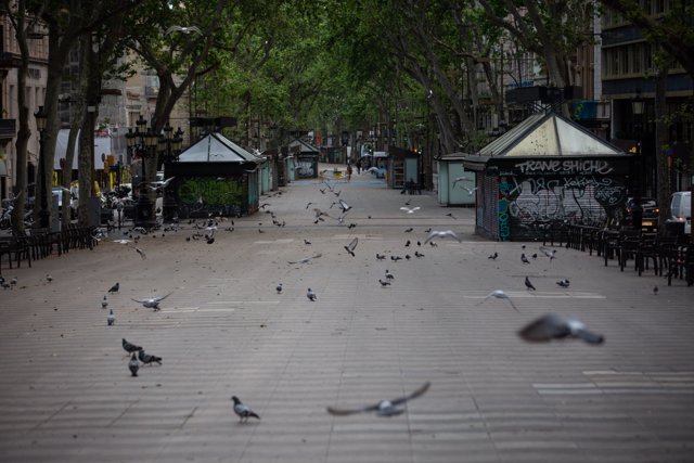 La Rambla de Barcelona amanece vacíía