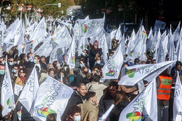 Archivo - Varias personas sostienen banderas de la Plataforma Cada Vida Importa, en una concentración provida, a 28 de noviembre de 2021, en Madrid (España).