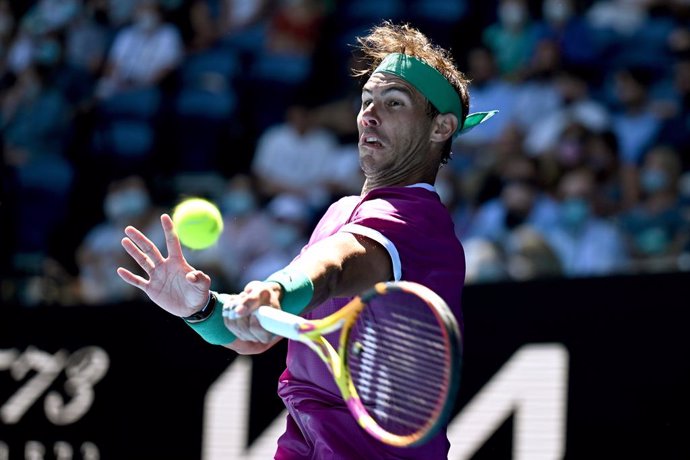 Rafael Nadal of Spain plays a shot during his second round Mens singles match against Yannick Hanfmann of Germany on Day 3 of the Australian Open, at Melbourne Park, in Melbourne, Wednesday, January 19, 2022. (AAP Image/Dean Lewins) NO ARCHIVING