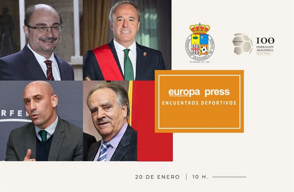 El presidente de Aragón, Javier Lambán, el alcalde de Zaragoza, Jorge Azcón, y los presidentes de la RFEF, Luis Rubiales, y de la FAF, Óscar Fle, participan este jueves en el Encuentro Deportivo de EP por el Centenario de Federación Aragonesa de Fútbol.