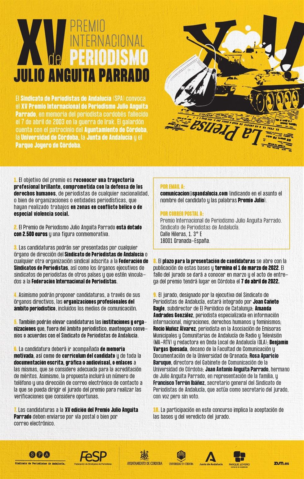 Cartel con las bases del XV Premio Internacional de Periodismo Julio Anguita Parrado.