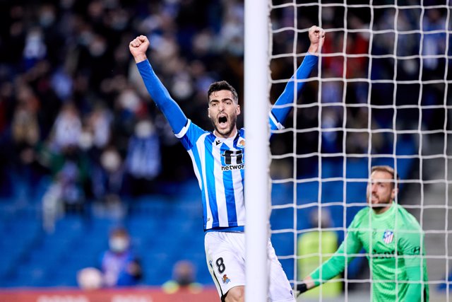Mikel Merino of Real Sociedad reacts to the goal during the match of Copa del Rey match between Real Sociedad and Atletico de Madrid at Reale Arena on 19 of January, 2022 in San Sebastian, Spain.