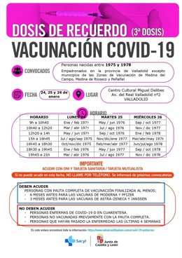 Cuadro explicativo de las horas de la convocatoria para la administración de las terceras dosis a los nacidos entre 1975 y 1978