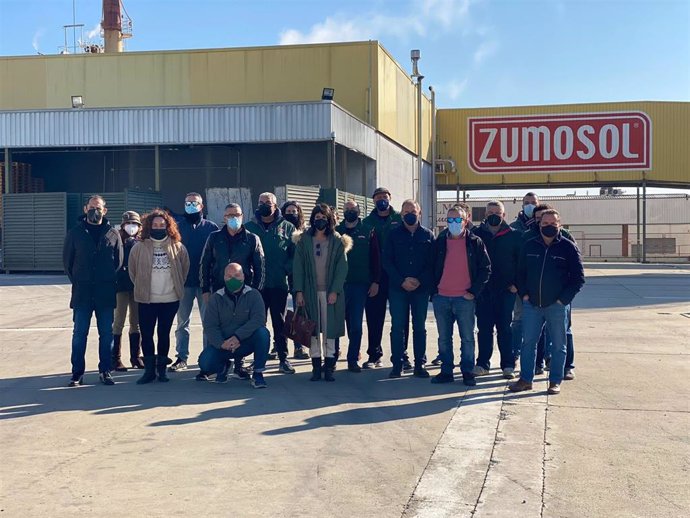 Velarde (centro) y Naranjo (3 izda.), con dirigentes de IU y Podemos, junto a los trabajadores de Zumosol encerrados.