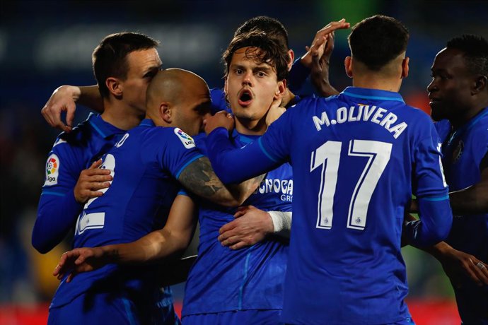 Enes Unal of Getafe celebrates a goal with teammates during the Spanish League, La Liga Santander, football match played between Getafe CF and Granada CF at Coliseum Alfonso Perez stadium on January 20, 2022, in Getafe, Madrid, Spain.